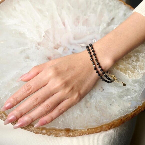 Black Obsidian Chakra Crystal Beaded Bracelet for Women, 7-9 Inch - Picture 2 of 8